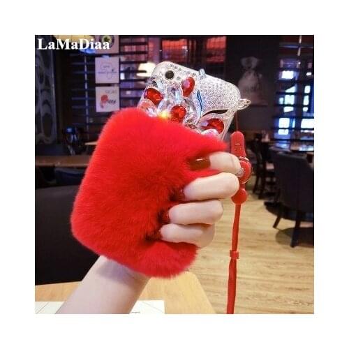Luxury Fox Rhinestone Diamond Real Rabbit Fur Soft Phone Cover Case For Samsung S10 S9 S8 Plus S7 S6 edge Note 9 8 10 Bling Case