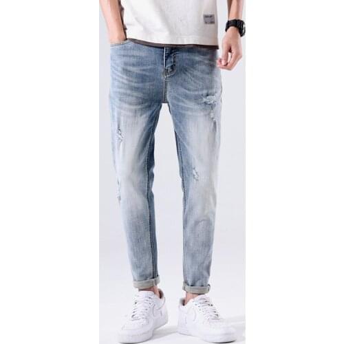 Ripped Jeans Men Skinny Fit Light Blue Stretch Spring Distressed Punk Jeans Destroyed Jean Man Patchowrk Streetwear Motocycle
