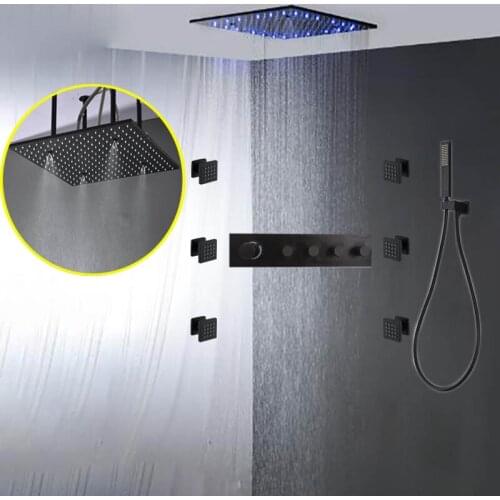 Black Shower Set LED Shower Head Rain Mist Bathroom Faucet Built-in Thermostatic Mixer 20" Showerhead Panel System SPA Body Jets