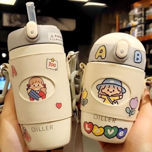 Thermos Flasks Water Cup 304 Stainless Steel Leather Case Lanyard Student Children Straw Cup Thermos Cup Bottle Insulation Mug