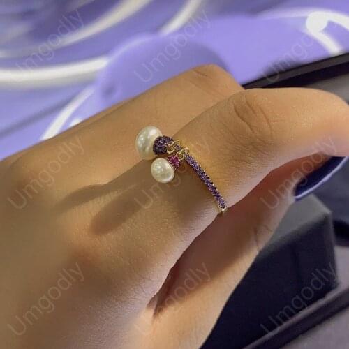 UMGODLY High Quality Fahsion Ring Gold Color Lucky Pearl Ring Purple Micro Zircon Women Brand Jewelry