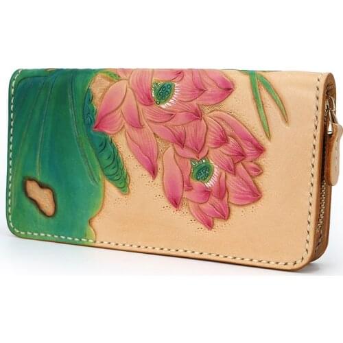 Handmade Women Wallets Carving Lotus Zipper Bag Purses Ladies Clutch Vegetable Tanned Leather Wallet Special Birthday Gifts