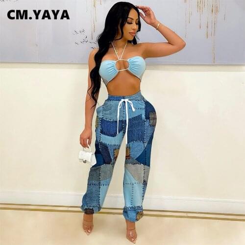 CM.YAYA Women Trousers Denim Patchwork Middle-waisted Drawstring Long Bloomers Pants Streetwear Casual Loose Pants Autumn 2021