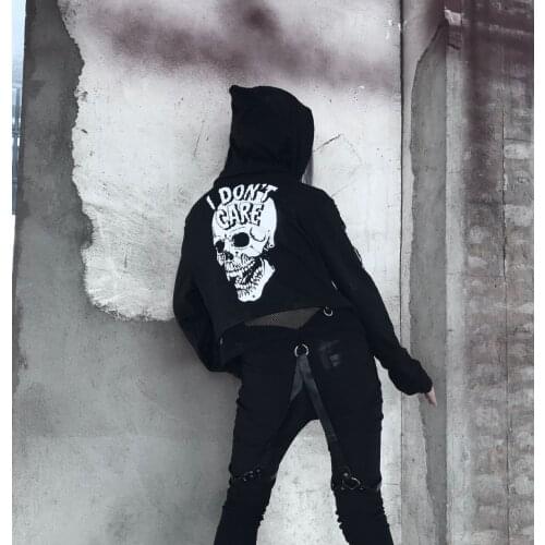 Women Gothic Cropped Hoodies Sweatshirts Skull Printed Black Loose Short Hoodies Mesh Patchwork Female Streetwear Hooded BF