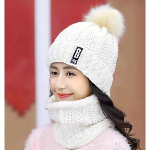 Outdoor Windproof Women Knitted Wool Hat scarf Set Women Winter Outdoor Warm Knitted Hat Pompom Beanie Plush Cap Neckerchief Set
