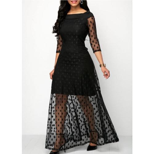 Plus Size Polka Dot Long Dress Mesh See Through Black Women Maxi Dress Three Quarter Sleeve Party A-Line Slim Black Sundress