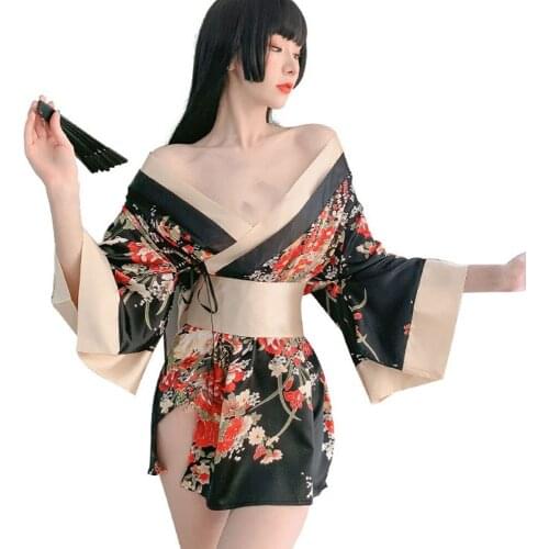 Japanese Women Kimono Sexy Lingerie Print Underwear V neck Uniform Temptation Robe Asian Vintage Clothes Role Play Sleepwear