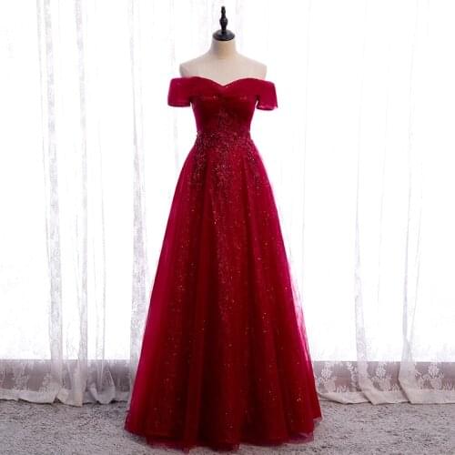 Bespoke Occasion Dresses V-Neck Short Embroidery Beading Pleat Off The Shoulder Tulle Burgundy Women Formal Evening Gown HB216