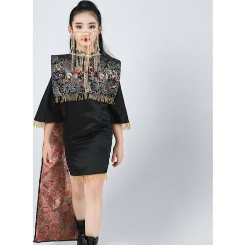 Chinese Fashion Vintage Girl Party Dresses with Shawl Children Fashion New Style Tassel Beads Kids Dress for Girls Tutu Dresses