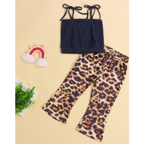 FOCUSNORM 1-6Y Summer 2pcs Kids Girls Clothes Sets Solid Strap Sleeveless Vest Tops Leopard Printing Flare Pants