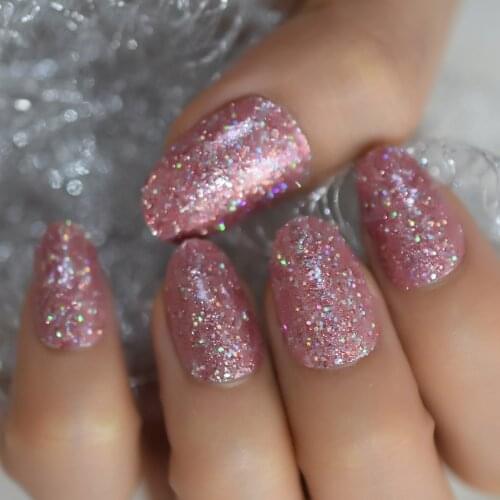 Colorful Shimmer Glitter Pink False Fake Nails UV Gel Press on Summer Short Round Head Easy Wear for Home Office Nail Tips