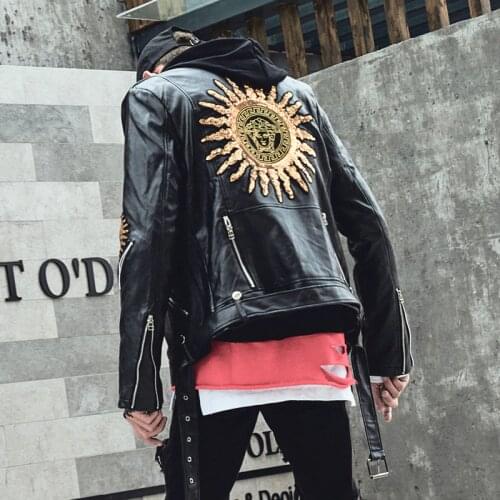 Autumn Winter Punk leather jacket men Black color Bomber coat Slim fit Zippers Korean cool