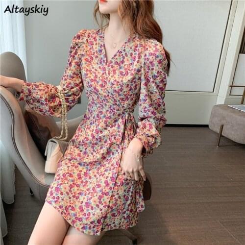 Floral Mini Dresses Women Lace-up Korean Style Chic Trendy Slim Popular Ulzzang Vestido Feminino Summer Leisure Vintage 2021 Ins