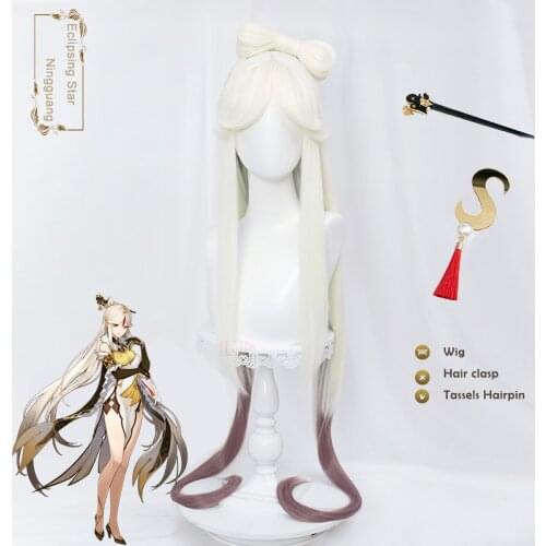 Game Genshin Impact Cosplay Ningguang Wig White Long Wig girls Hair Clasp Tassels Hairpin Props Free Wig Cap Halloween Role Play