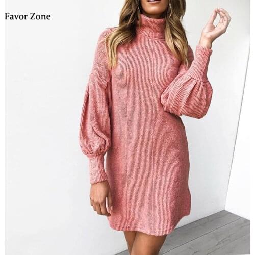 Autumn Winter Womens Dress Fashion Screw Thread Sexy Bodycon Evening Party Dresses Turtleneck Lantern Sleeve Casual Warm Dress