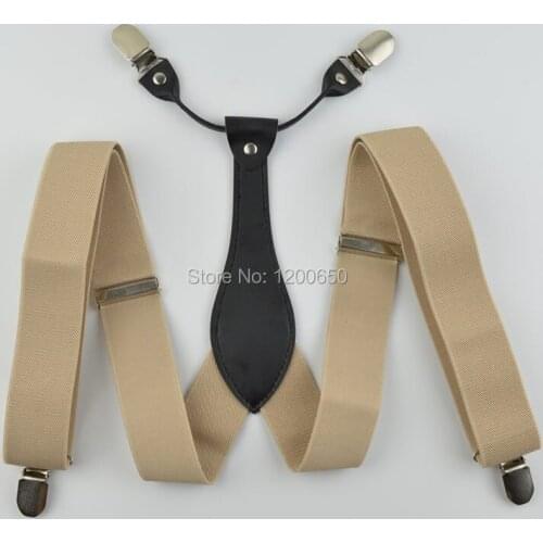 Free shipping mens vintage leather suspenders with 4 clips Adjustable Solid beige trouser elastic strap Grandfather Gifts 3.5 cm