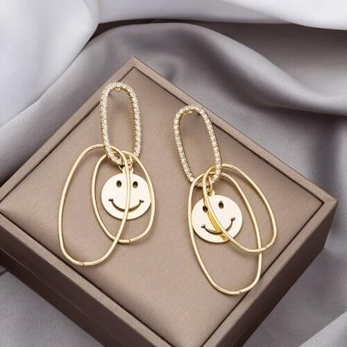 Origin Summer Fashion Metal Smile Face Rhinestone Dangle earrings for Women Vintage Hollow Geometric earring Jewelry Accessories