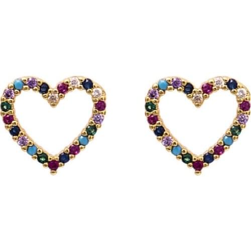 Rainbow Crystal Heart Stud Earrings For Women Personality Gold Brass Zircon Colorful Earrings Jewelry