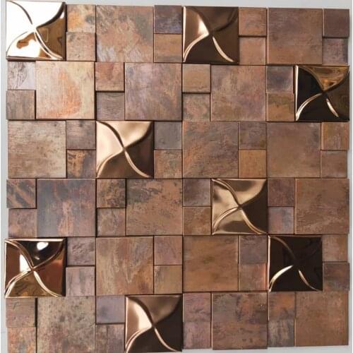 Retro Copper 3D Metal Mosaic Tiles, Living Room Workroom Kitchen Backsplash Bronze Brushed Wall Mosaic Tile