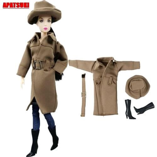 1set Fashion Winter Khaki Long Sleeve Tops Overcoat for Barbie Doll Outfits Clothes Hat Jacket for Barbie Kids Dollhouse DIY Toy