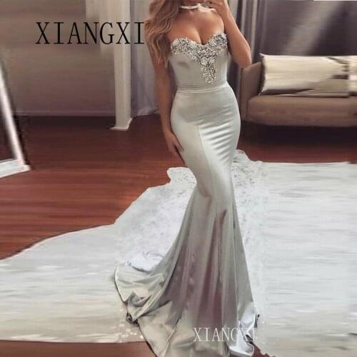 Silver Gray Muslim Formal Dress Women Elegant Sweetheart Appliques Lace Satin Long Prom Gown Mermaid Evening Dress 2020