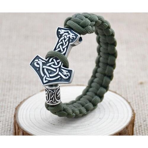 Nordic Mens Bracelet Viking Stainless Steel Hammer Umbrella Cord Braided Bracelet Scandinavian Runes Nordic Amulet Jewelry