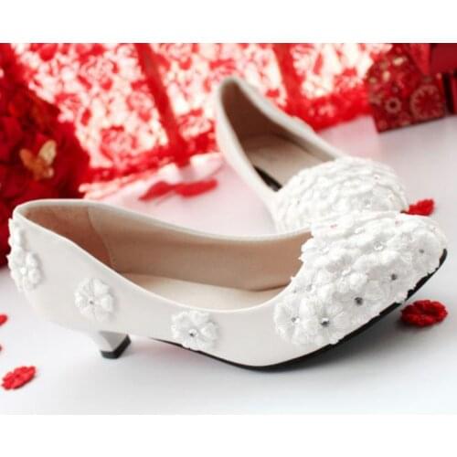 Custom handmade low med high heel lace flower crystal wedding shoes bride elegant beautiful woman ladies proms dress party shoe