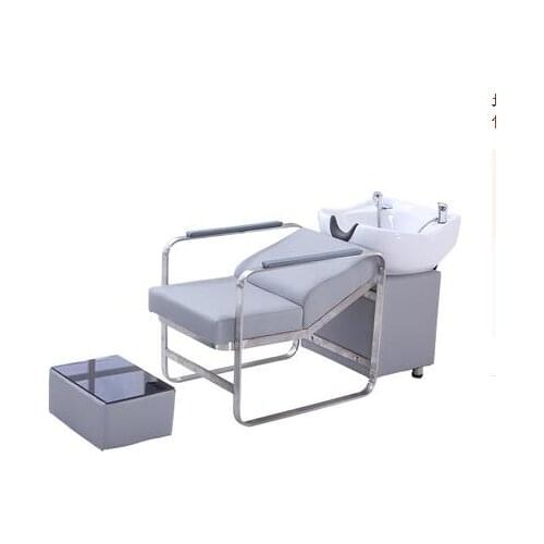 High-end shampoo bed barber shop special stainless steel half-lying shampoo bed ceramic deep basin