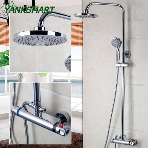 YANKSMART Bathtub Faucet 8 inch Thick Shower Head Bathroom Faucets Bath Thermostatic Faucet Mixer Wall mounted Set