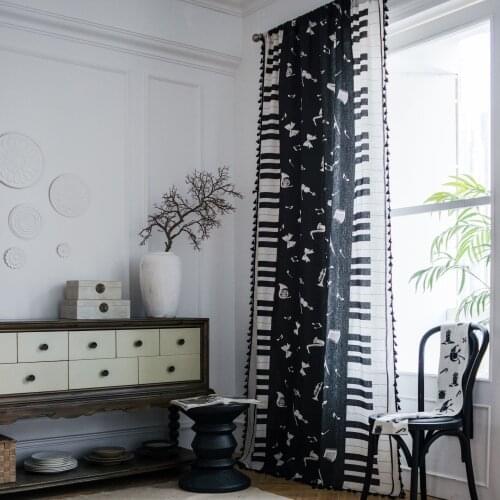 Curtain cotton hemp piano printing American black tassel kitchen curtain country style finished floating window