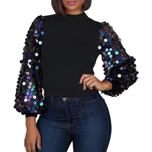 Fashion Women Mock Neck Stitching Sequined Long Puff Sleeve Blouse Crop Top Casual Black Tee Shirt Office Lady Top рубашка