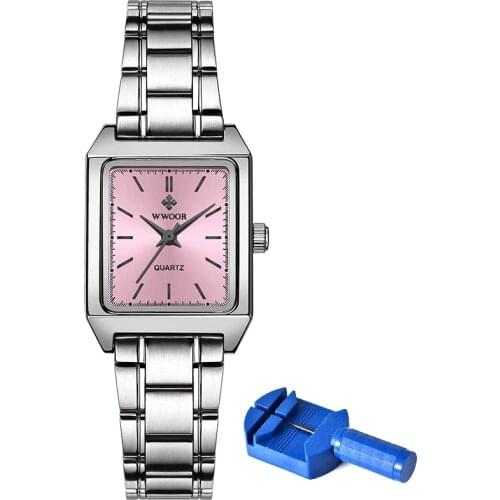 Woman Watch WWOOR 8850 Quartz Rectangle Wristwatches Leather Stainless Steel Strap Wrist Watches for Women Pink Ladies Watches