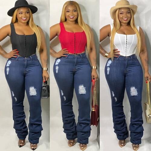 FNOCE 2020 autumn women;s ripped jeans street fashion elegant solid high waist hole hollow out pleated casual denim trousers