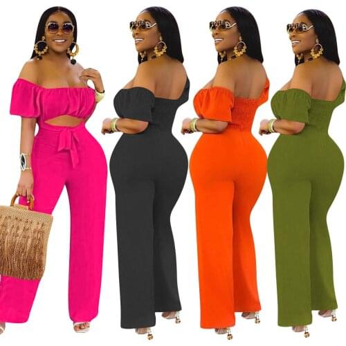 Newest 2021 Office Lady 2PCS Outfits Solid Slash Neck Short Sleeves Casual Lace Up Tops Women Loose Wide Leg Pants Sets Newest