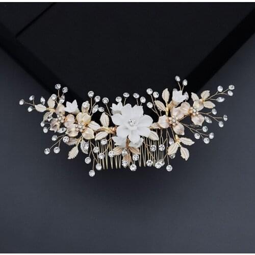 Floralbride Handmade Golden Crystal Rhinestone Pearls Ceramic Flower Leaf Bridal Hair Comb Weding Hair accessories Women Jewelry