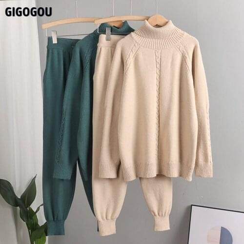 GIGOGOU Oversized Two Piece Women Knitted Tracksuits Winter Cashmere Turtleneck Sweater Harem Pants 2 Piece Warm Set Outfits
