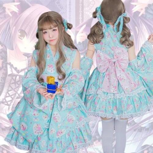 Women Cute Sweet Lolita Dress Princess Womens Flower Printing Lace Edge Kimono Stlye Binary Star Cosplay Dress Cosplay Costumes