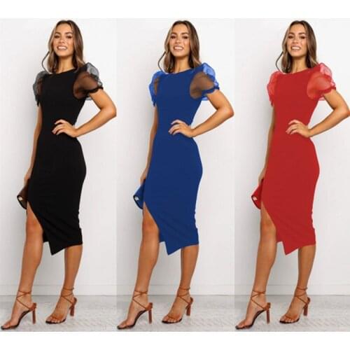 Summer 2020 New Sexy Side Split Slim Puff Sleeve Solid Color Red Black Blue Women Dress O-Neck Mid-Calf Pencil Dress
