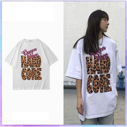 2XL Leopard Print T-shirt Woman T-shirts 2021 Summer Retro Letter Top Womens Cotton Tee Shirt Loose Short Sleeve Tops Blusas