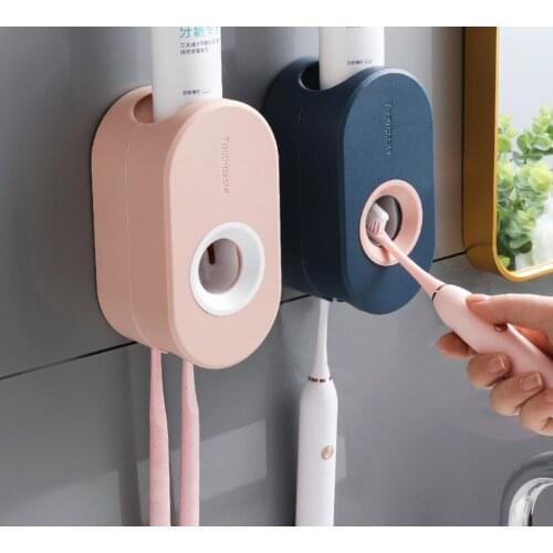 Adhesive automatic toothpaste squeezer set, wall-mounted toothpaste holder, toothbrush rack, wall suction toothpaste squeezer