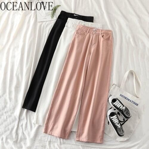 OCEANLOVE Pants Women Solid Denim High Waist All Match Fashion Ropa Mujer Casual 2020 Spring Summer Straight Trousers New 16668