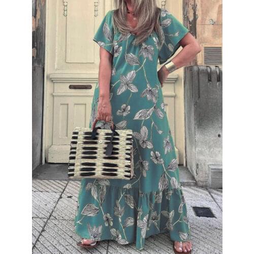 2021 Summer Women Elegant V-Neck Short Sleeve Party Long Dress Lady Casual Loose Boho Dress Vintage Leaf Print Beach Maxi Dress
