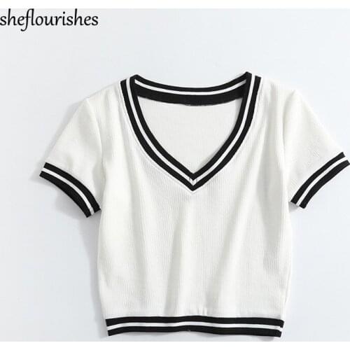 Fashion t shirt women korean short sleeve top ribbed patchwork shirt women v neck tees kawaii clothes crop top t shirt white
