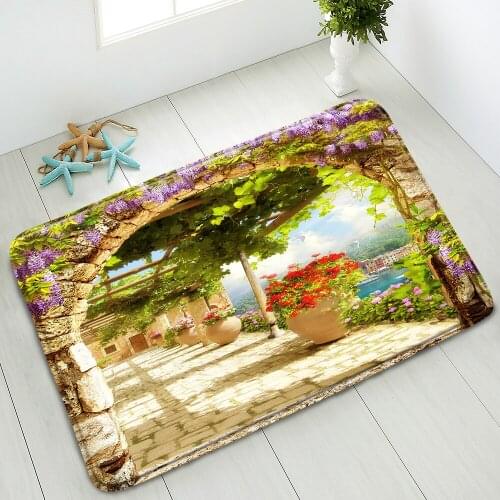 European Style Street Scenery Floor Mats Retro Window Flowers Bathroom Carpet Absorbent Non-Slip Kitchen Living Room Home Decor