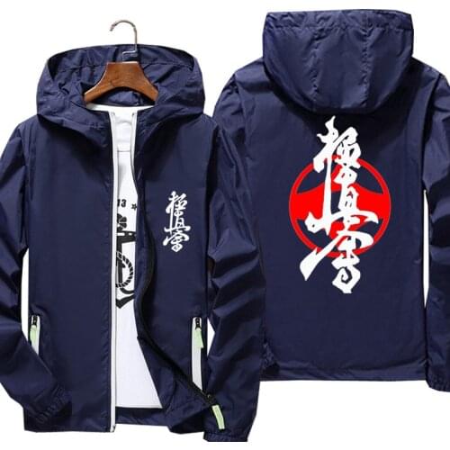 Mens Bomber Hooded Jacket Kyokushin Karate Casual Thin Windbreaker Reflective Sunscreen Skin Zipper Hooded Jacket Male Outwear