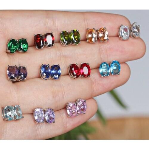 Cute Boho Female Purple Oval Zircon Stud Earring Silver Color Wedding Jewelry Simple Crystal Zircon Double Earrings For Women