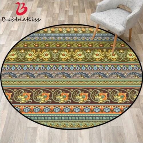 Fashion Round Carpets for Living Room Vintage Yellow Green Floral Pattern 100% Polyester Round Carpet Area Rug for Bedroom