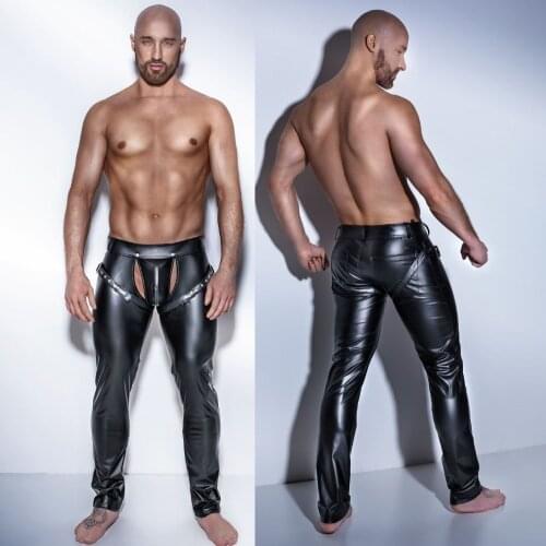 Men Black PVC Faux Patent Leather Pants Club Wear Stage Skinny Pants Stretch Leggings Sexy Latex Long Trousers Dance Costume