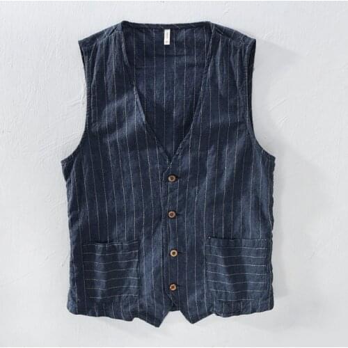 Mans Vintage Linen Suit Vest Slim Material 55%linen + 45%cotton Vest Male Casual Striped Thin Waistcoat Vest Asian Size M-3XL