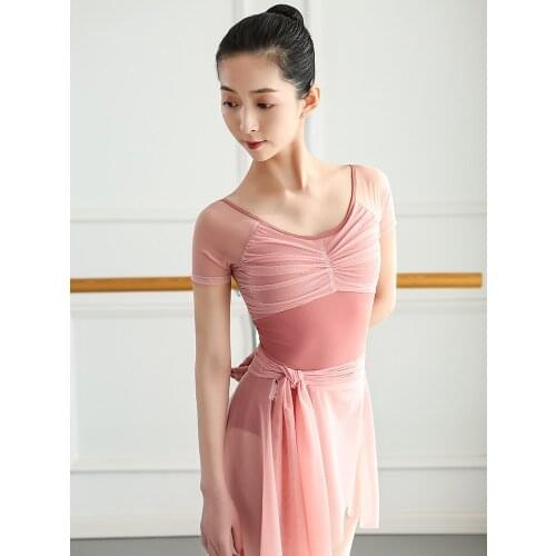 New Ballet Leotaed For Woman Short Sleeve Mesh Stitching Gymnastics Leotards Girls Pink Ballerinas Dancewear Ballet Costume